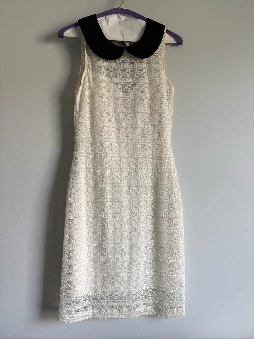 Sleeveless Cream Lace Dress with Black Peter Pan Collar